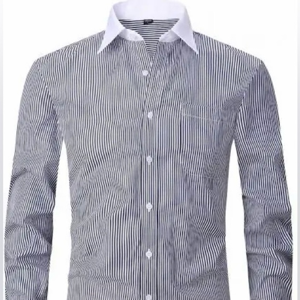 BOSS Hugo Boss Men’s Dress Shirt – Navy Pinstripe with White Collar, Slim Fit